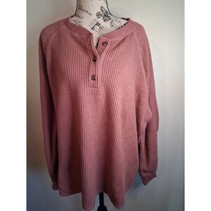 Old Navy Womens 3X Dusty Rose Waffle Knit Long Sleeve Henley Top Raglan Pink